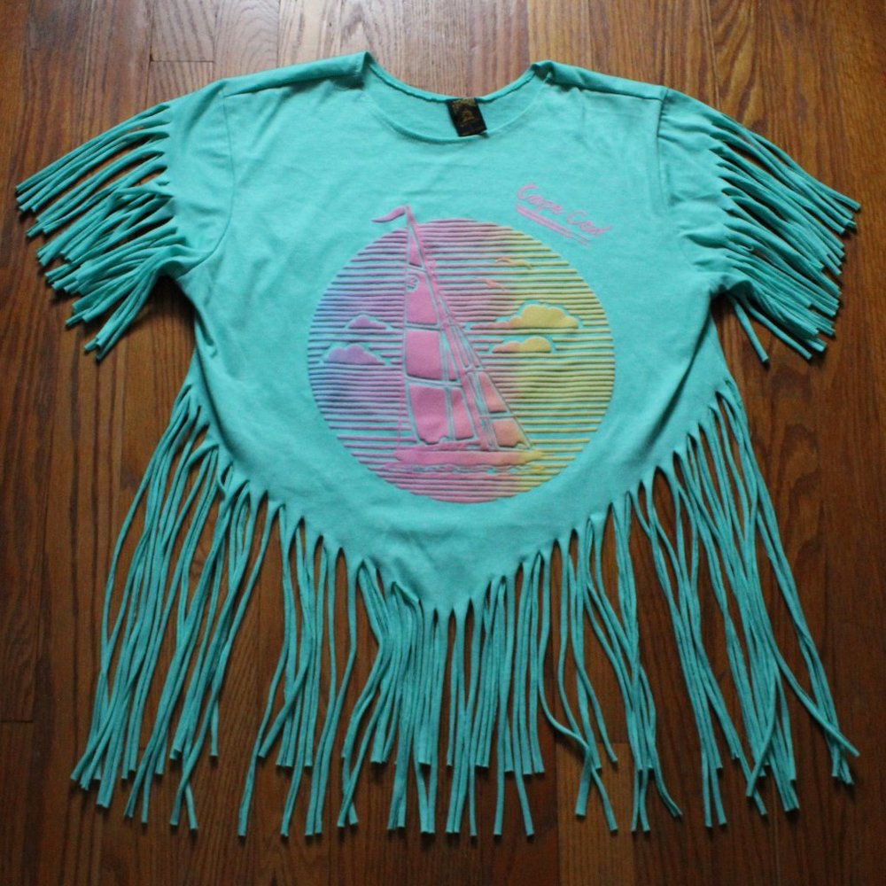 Fringed Mint Graphic Tee with Sailboat Print